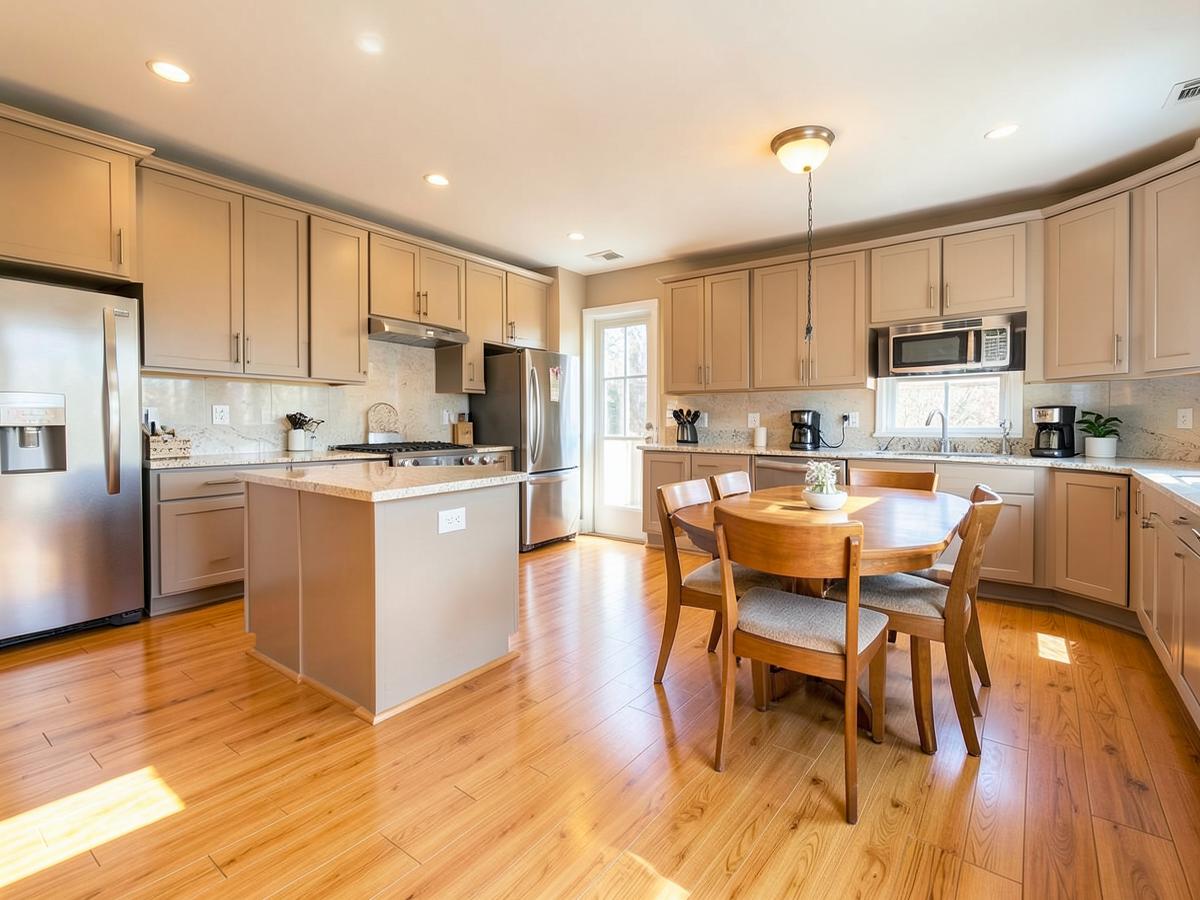 Open kitchen and dining area with warm honey-toned laminate flooring