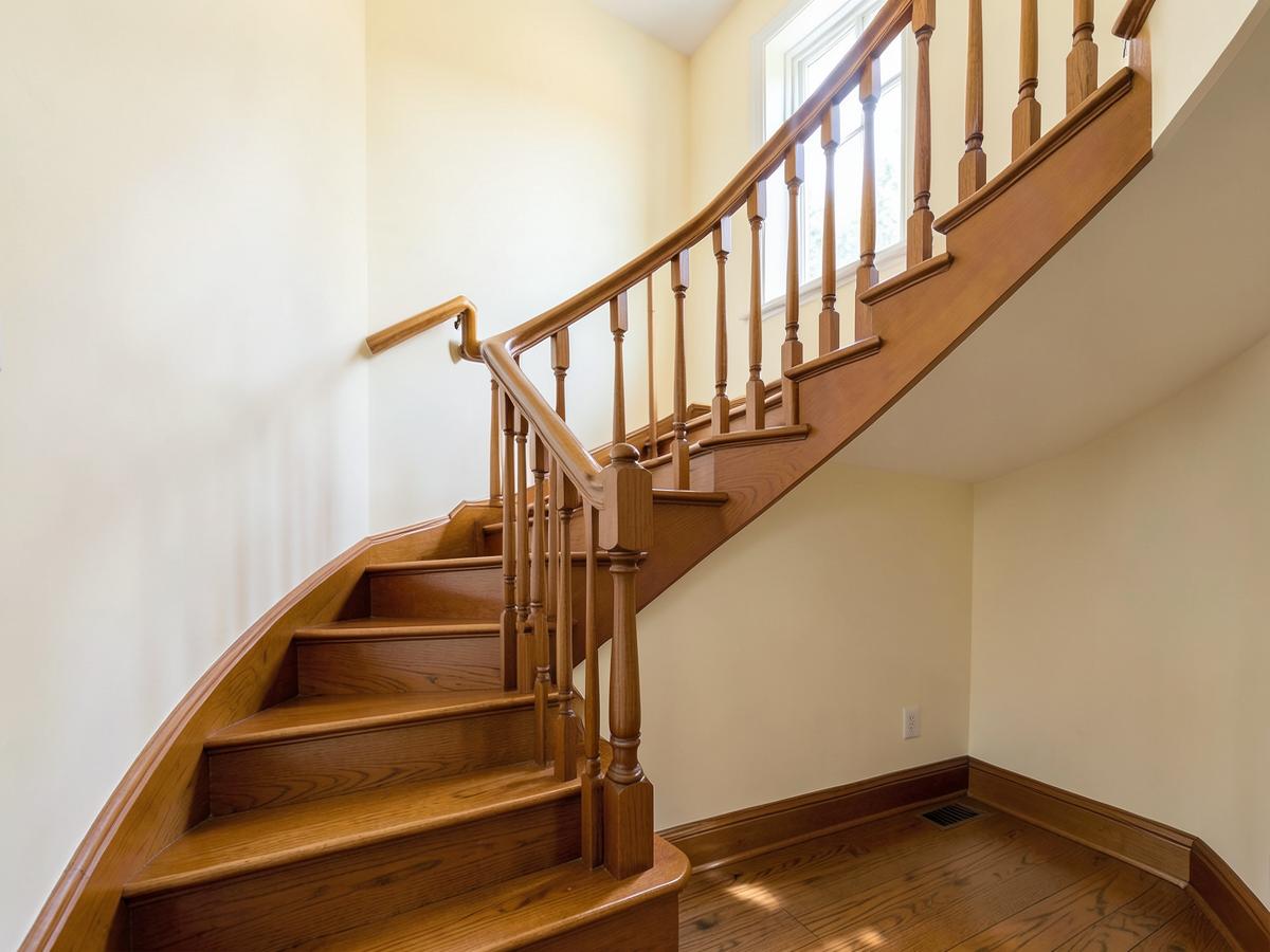 Refinished oak staircase with satin finish and matching hardwood landing