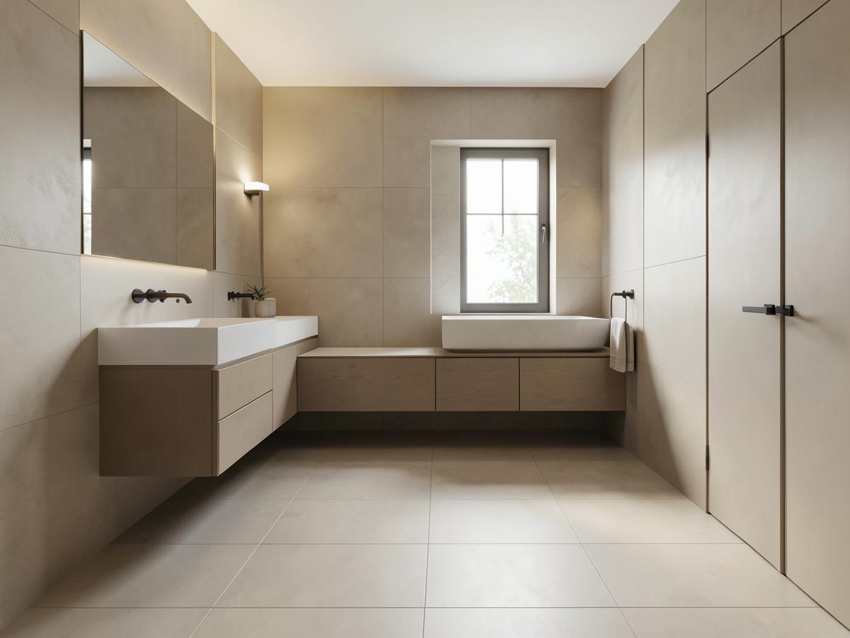 Modern bathroom with large-format matte beige porcelain tile floor