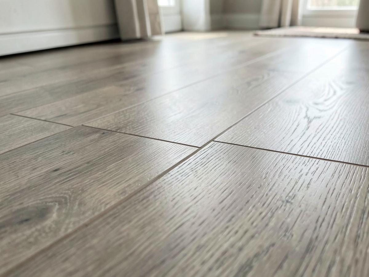 Close-up of grey-toned vinyl plank flooring with tight, clean seams