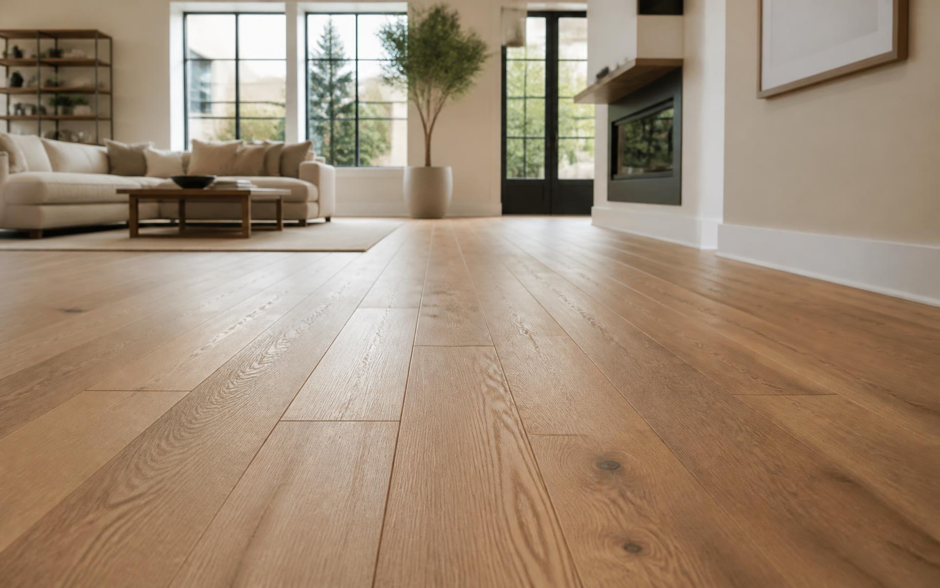 Bright living room with wide-plank warm oak hardwood flooring